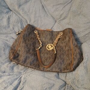 Michael Kors Monogram Shoulder Bag with Gold Chain